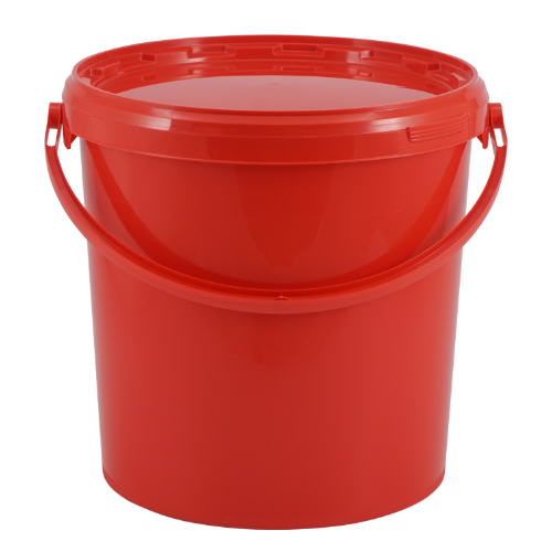 roter Kunststoff-Eimer mit Deckel in der Größe 10,7 Liter.